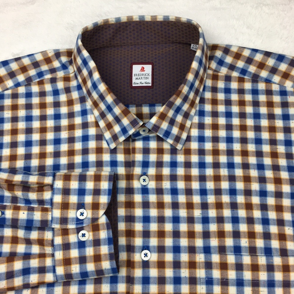 Frederick‎ Martin Shirt Mens XXL Blue/Rust Check Flip Cuffs Long Sleeves
